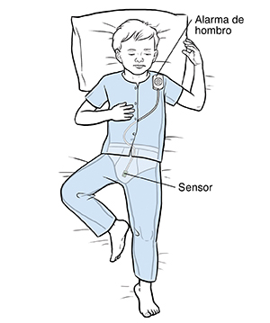 Niño durmiendo mientras usa una alarma y sensor de enuresis.